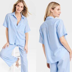 XS - Womens Striped Cotton Blend Button-Up Pajama Top - Stars Above - Blue